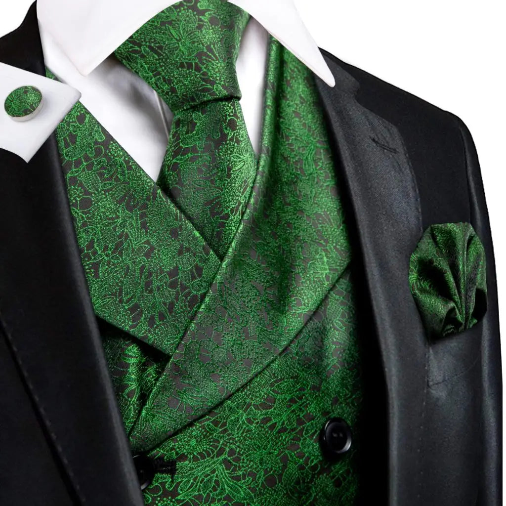 Silk Men's Vests and Tie Business Formal Dresses Slim Vest 4PC Necktie Hanky cufflinks for Suit Blue Paisley Floral Waistcoat