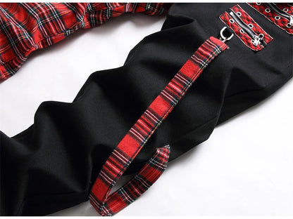 Men Punk Jeans Trendy Scotland Plaid Tartan Black Denim Pants Streetwear Rivet Patchwork Spliced Slim Straight Trousers