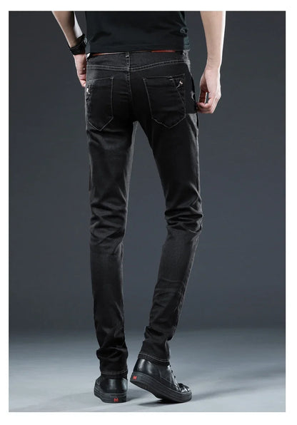 New Men Slim Button Black Skinny Jeans Solid Color Stretch Skateboard Multi-button Youth Male Denim Pants