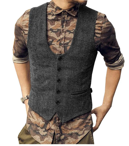 2022 Brown Men's Casual Herringbone Pattern Suit Vest Wool/Tweed Suit Vest U-neck Waistcoat Groomsmen For Wedding