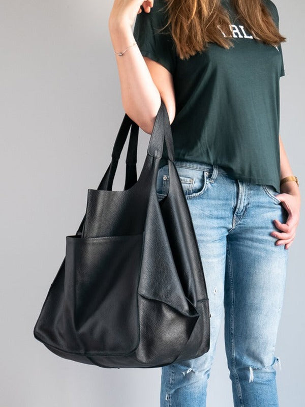 Casual Soft Large Capacity Tote Women Handbags Designer Aged Metal Look Luxury Pu Leather Shoulder Bag Retro Big Shopper Purses