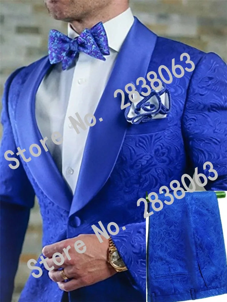 Groomsmen White Pattern Groom Tuxedos Shawl Satin Lapel Men Suits 2 Pieces Wedding Bridegroom ( Jacket + Pants + Tie  ) D201