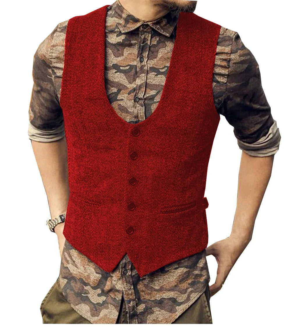 2022 Brown Men's Casual Herringbone Pattern Suit Vest Wool/Tweed Suit Vest U-neck Waistcoat Groomsmen For Wedding