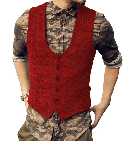 2022 Brown Men's Casual Herringbone Pattern Suit Vest Wool/Tweed Suit Vest U-neck Waistcoat Groomsmen For Wedding