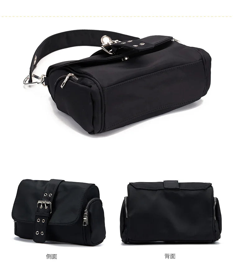Nylon Women Shoulder Crossbody Bag Black Fashion Rivet Axillary Bags Brand Design Ladies Female Handbag Small Black Bolsa Femini