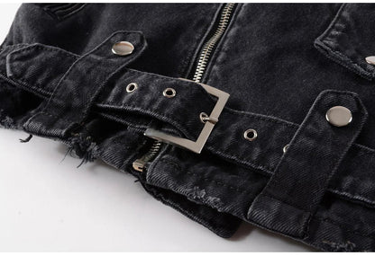 Men's Zippers Black Biker Jean Jacket Streetwear Thick Denim Slim Coat with Belt High Quality