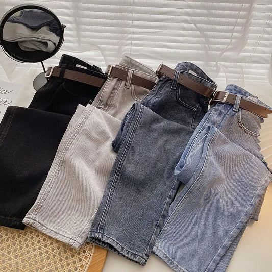 Straight Jeans Women with Belt Vintage Basic Blue Ankle-length Denim Pants Boyfriend Gray Jeans Korean 2021