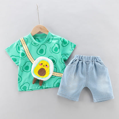 New Toddler Boys Fashion Casual Clothes Outfits 0-5years Baby Girls Print T-shirt with Cartoon Bag+Denim Shorts Summer Clothing