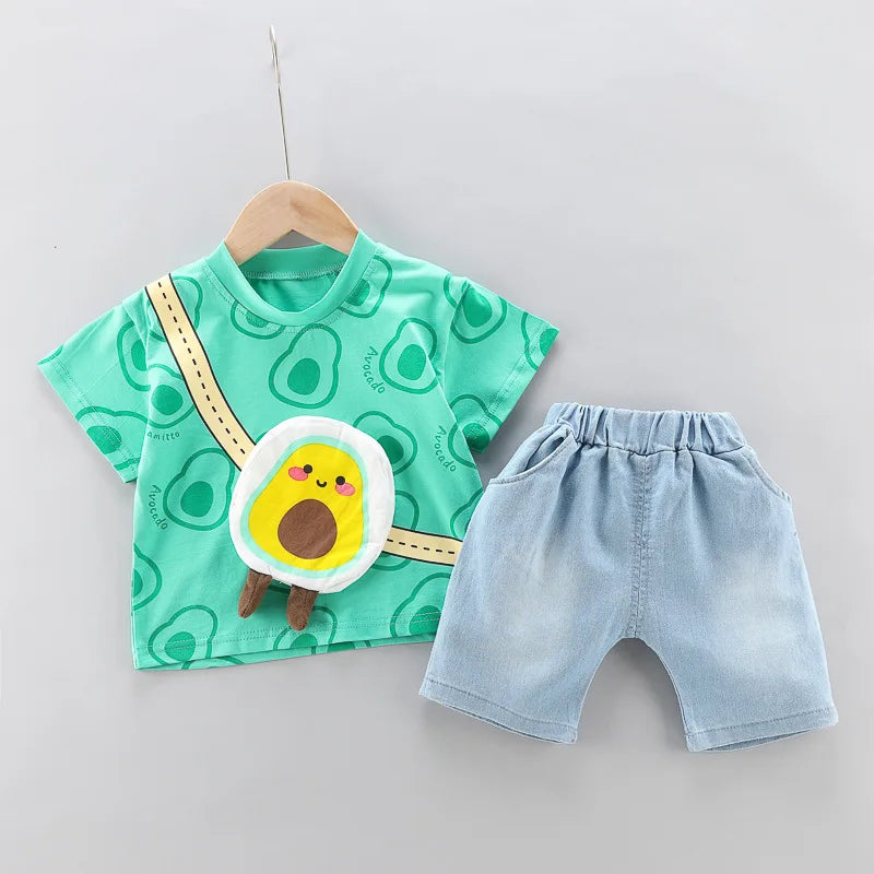 New Toddler Boys Fashion Casual Clothes Outfits 0-5years Baby Girls Print T-shirt with Cartoon Bag+Denim Shorts Summer Clothing