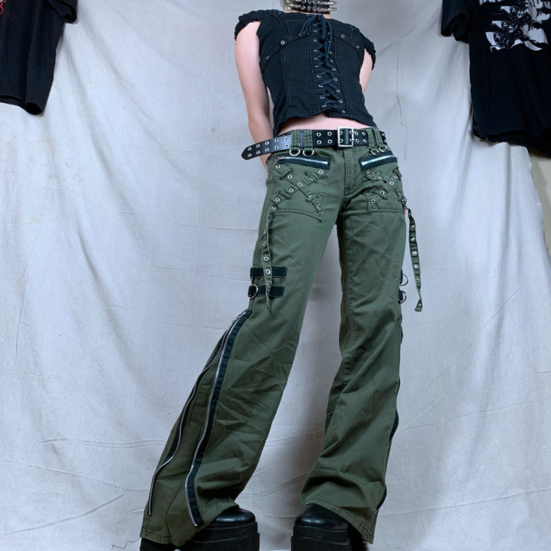 Women's Pants Gothic Punk Baggy Vintage Kawaii Trousers Bandage Low Waist Cargo Pants Grunge Green Zipper Jeans Korea Sweatpants