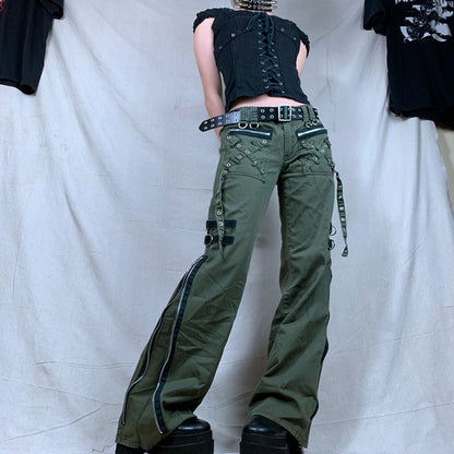 Women's Pants Gothic Punk Baggy Vintage Kawaii Trousers Bandage Low Waist Cargo Pants Grunge Green Zipper Jeans Korea Sweatpants
