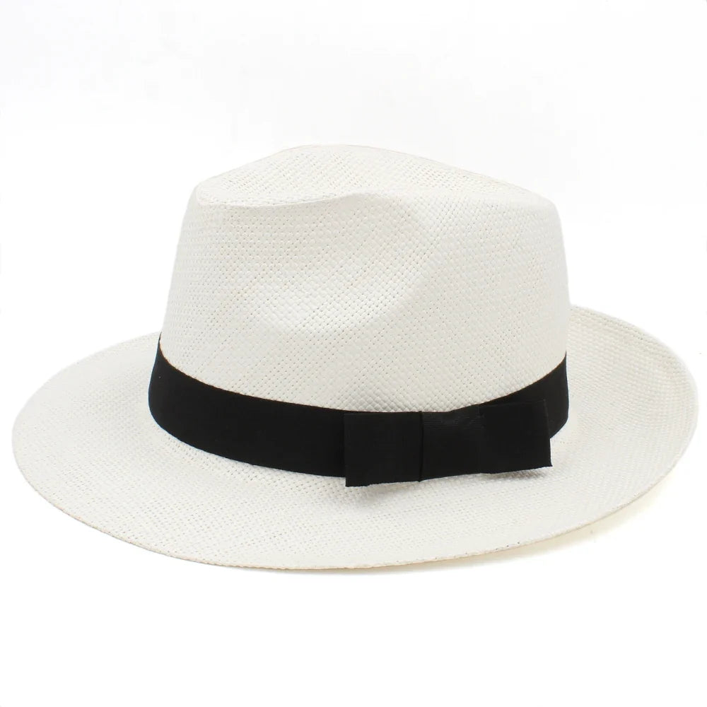 Men Women Straw Panama Hats Summer Fedora Sunhats Bowtie Band Party Trilby Caps Outdoor Sombrero Travel Size US 7 1/4 UK L