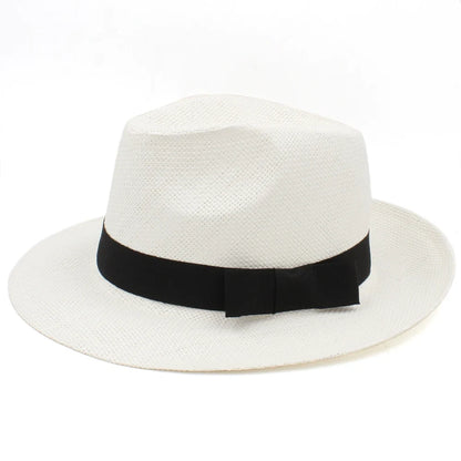 Men Women Straw Panama Hats Summer Fedora Sunhats Bowtie Band Party Trilby Caps Outdoor Sombrero Travel Size US 7 1/4 UK L