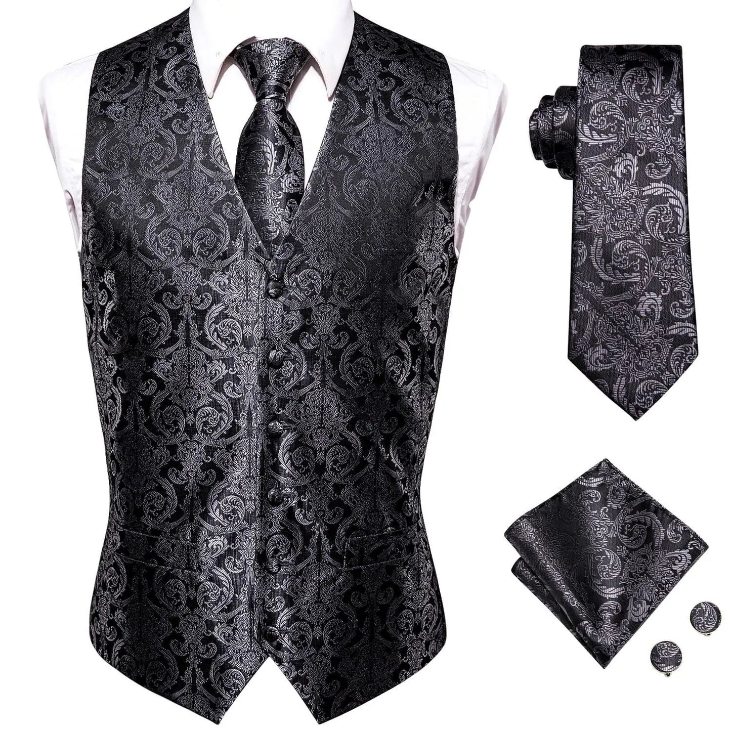 Luxury Men Silk Vest Gold Black Blue Red Green Purple Floral Waistcoat Tie Hanky Cufflinks Brooch Wedding Formal Business