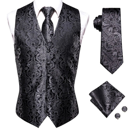Navy Blue Mens Silk Vests Business Paisley V-Necl Waistcoat Tie Hanky Cufflinks Brooch Set for Men Suit Wedding Formal Hi-Tie