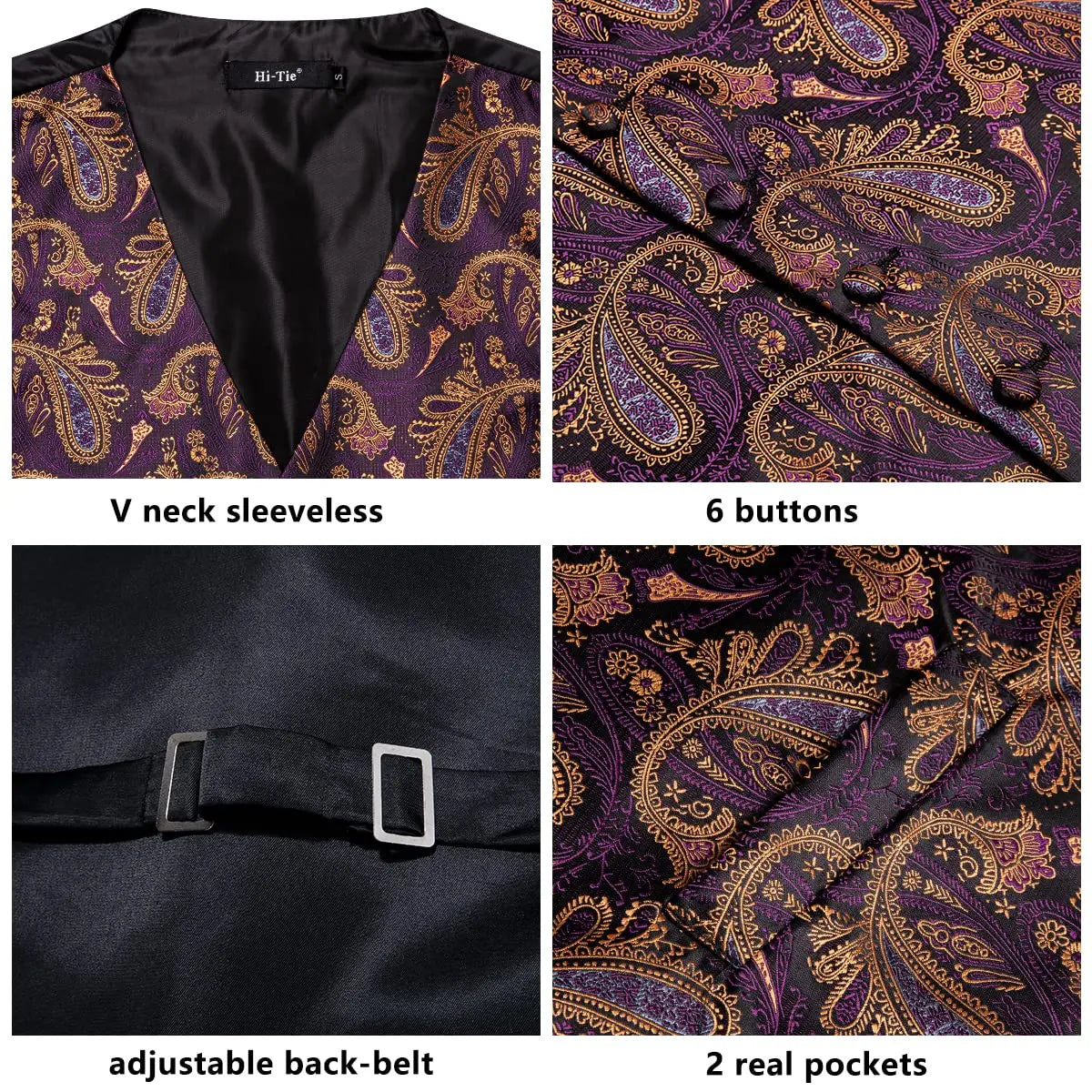 Navy Blue Mens Silk Vests Business Paisley V-Necl Waistcoat Tie Hanky Cufflinks Brooch Set for Men Suit Wedding Formal Hi-Tie