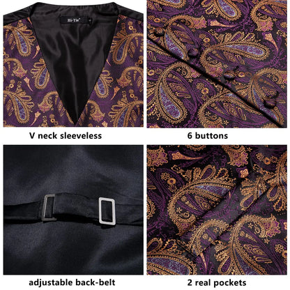 Navy Blue Mens Silk Vests Business Paisley V-Necl Waistcoat Tie Hanky Cufflinks Brooch Set for Men Suit Wedding Formal Hi-Tie