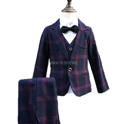 Flower Boys Formal School Suits for Weddings Boys Brand Plaid Blazer Vest Pants 3pcs Tuxedo Kids Prom Party Dress Clothing Sets