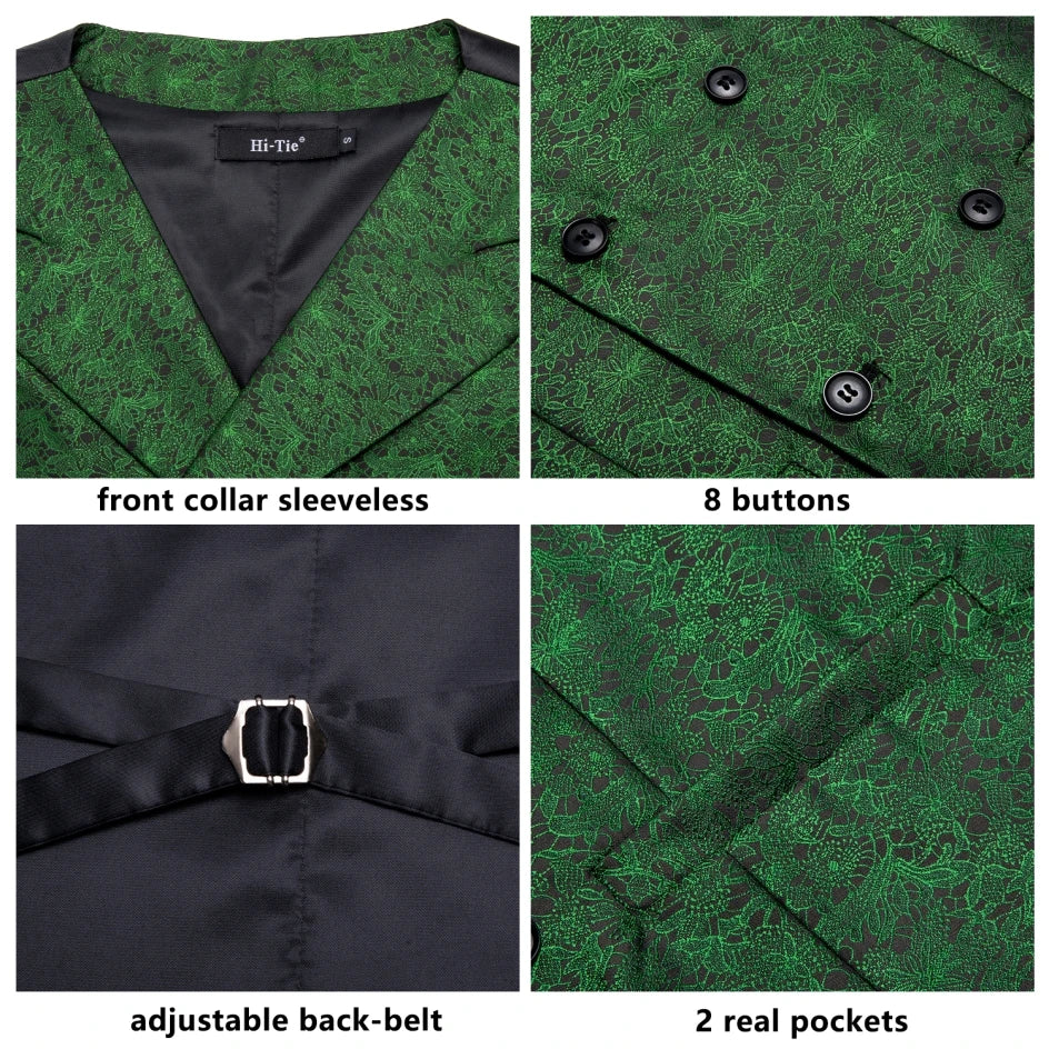 Silk Men's Vests and Tie Business Formal Dresses Slim Vest 4PC Necktie Hanky cufflinks for Suit Blue Paisley Floral Waistcoat