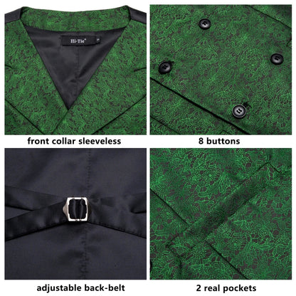 Silk Men's Vests and Tie Business Formal Dresses Slim Vest 4PC Necktie Hanky cufflinks for Suit Blue Paisley Floral Waistcoat