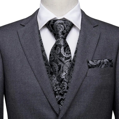 Navy Blue Mens Vest Formal Paisley Waistcoat Jacket Tie Handkerchief Cufflinks Set For Male Dress Suit Wedding Party