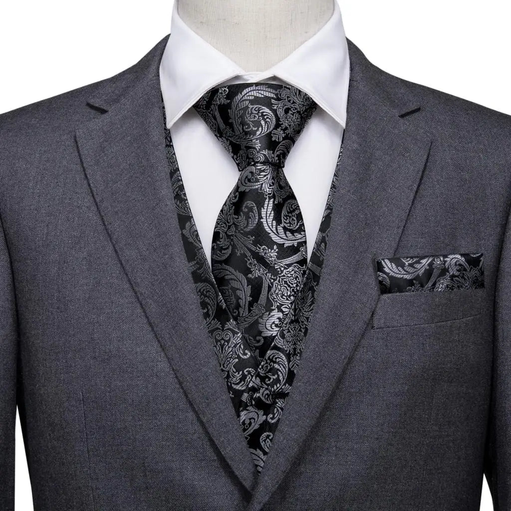 Silk Mens Vests Sleeveless Waist Jacket Jacquard Black Orange Floral Waistcoat Tie Hanky Cufflinks Set for Men Casual XXL