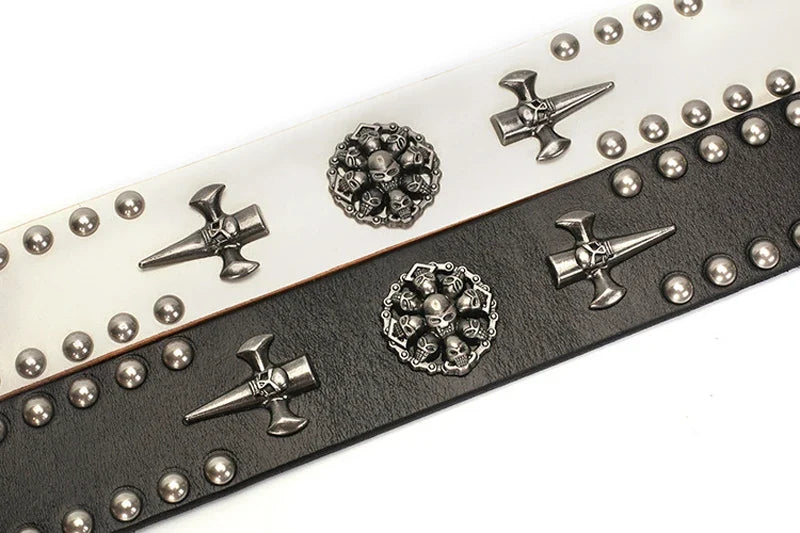 3.8CM Real Genuine Leather Vintage Metal Skull Punk Men Jeans Belt Stud Cowboy Strap Cinturon Ceinture Homme Riem Belts