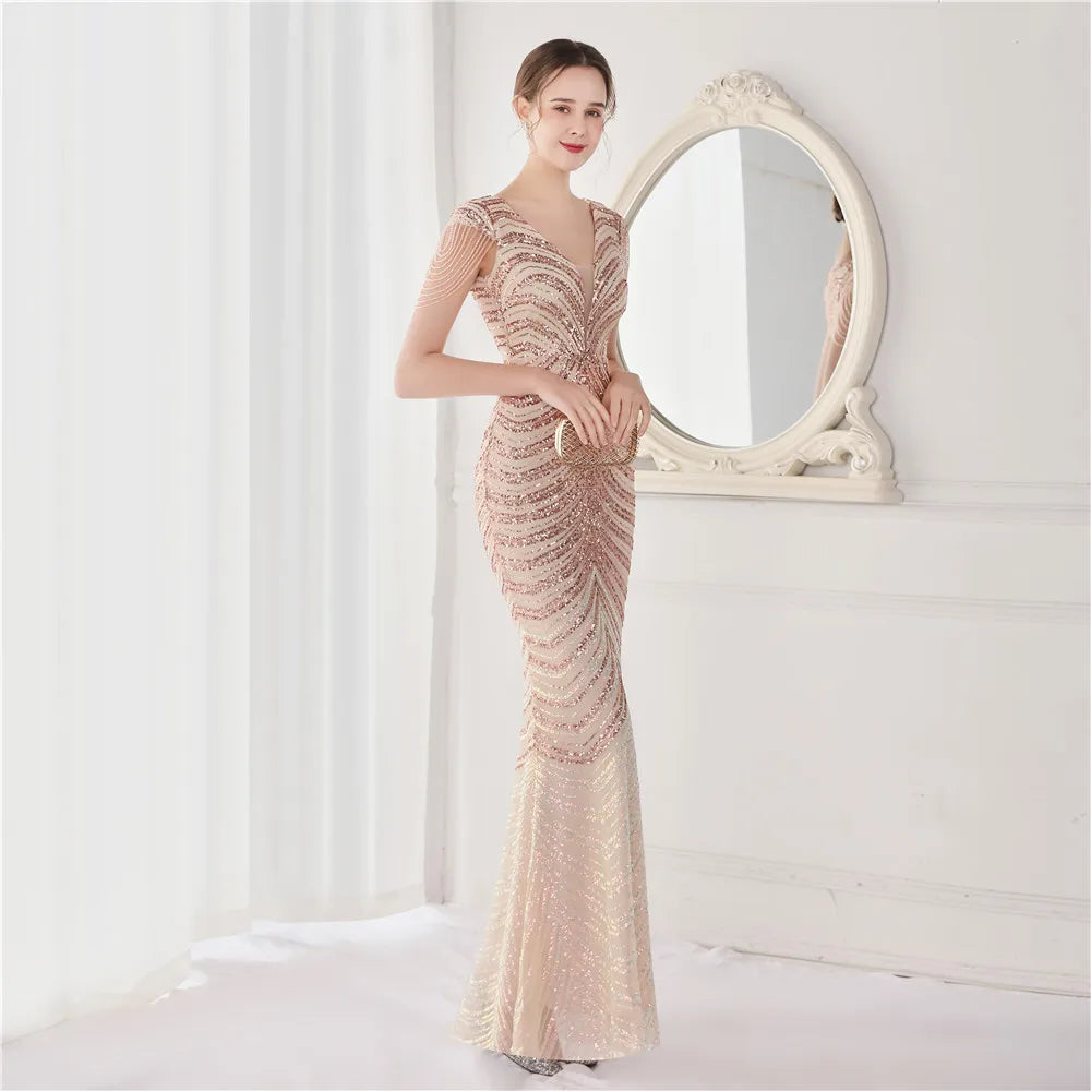 Elegant V Neck Mermaid Evening Dress Long Luxury Beads Women Evening Party Dresses 2025 New Formal Dress 19085