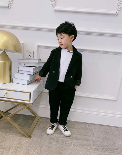 Teenager Boys Pink Black Jacket+Pants 2Pcs Clothing Set Gentleman Kids Formal Wedding Suit Children Performance Graduation Dress
