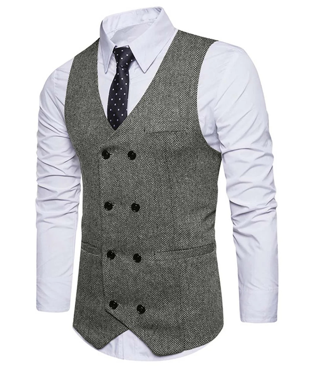 2022 New Men's Royal Blue Double-breasted Vest Suit Vest Casual Top Quality Herringbone Pattern Waistcoat For Wedding