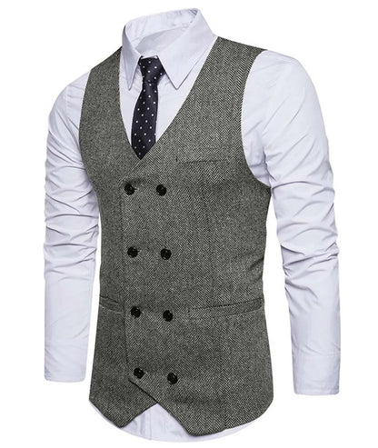 2022 New Men's Royal Blue Double-breasted Vest Suit Vest Casual Top Quality Herringbone Pattern Waistcoat For Wedding