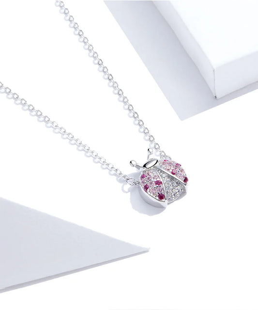 Genuine 925 Sterling Silver Pink CZ Ladybug Insect Chain Pendant Necklace for Women 45cm Kid Gifts Fine Jewelry SCN400