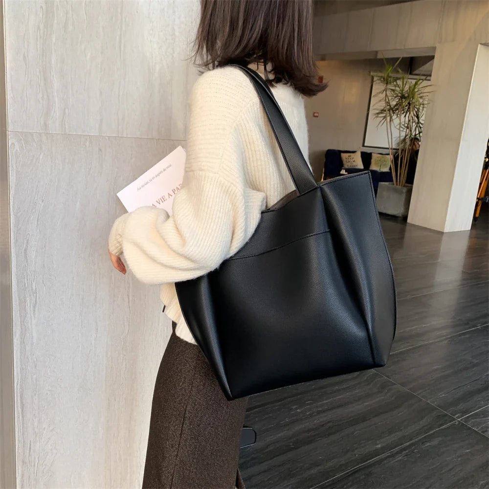 High Quality Soft Leather Woman Casual Tote Shopper Solid Color Handbags Large Capacity Single Shoulder Bag with Outer Pocket