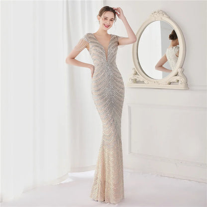 Elegant V Neck Mermaid Evening Dress Long Luxury Beads Women Evening Party Dresses 2025 New Formal Dress 19085