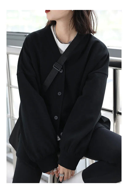 Korean Autumn Winter Women's Sports Coat Casual Loose V-neck Sweatshirt for Women Thick Warm Tops Office Lady Female