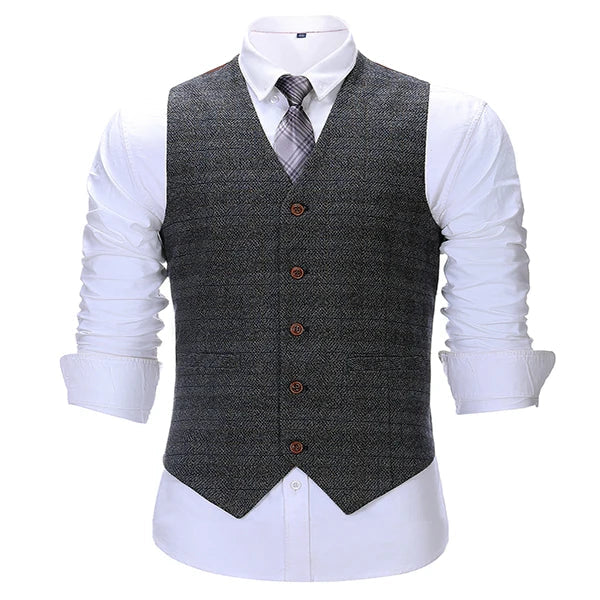 Men's Vintage Plaid Suit Vest Tweed Wool Waistcoat for Groomsmen for Wedding
