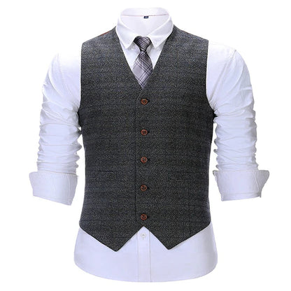 Men's Vintage Plaid Suit Vest Tweed Wool Waistcoat for Groomsmen for Wedding