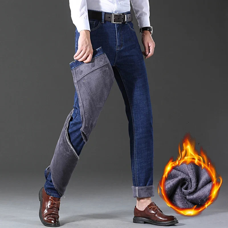 2024 New Jeans Brand Autumn Winter Jeans Warm Flocking Warm Soft Men Activities Warm Fleece Men Jeans Black Blue  Colors