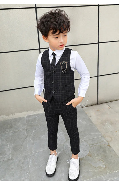 Boy Plaid Vest Blazer Kids Waistcoat Wedding Clothes Set Toddler Formal Dress Suit Child Brooch Shirt Pant Baby Gentlemen Outfit