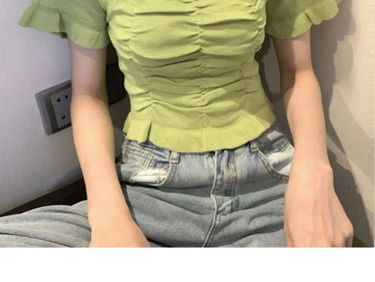 Knitted Fashion Blouse Woman Ruffle Youth Elegant Blouse Summer Crop Top Sexy Slim Fit Shirt Short Sleeve