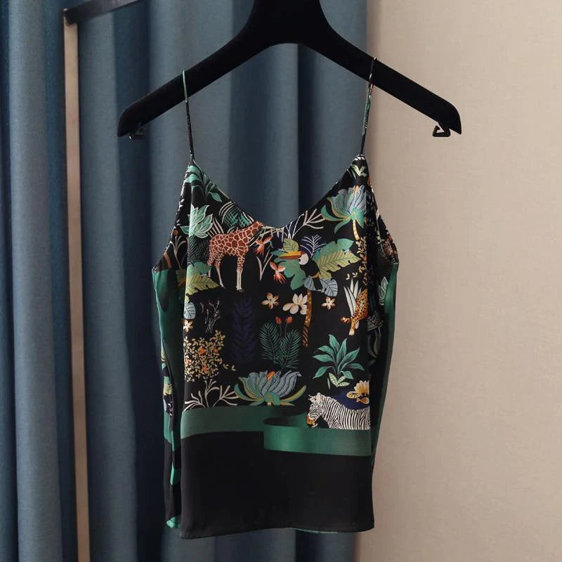 2020 National Style Spring Summer Women Sexy Spaghetti Strap Tank Top Vintage Print Camis Femme chiffon V Neck Tops S808