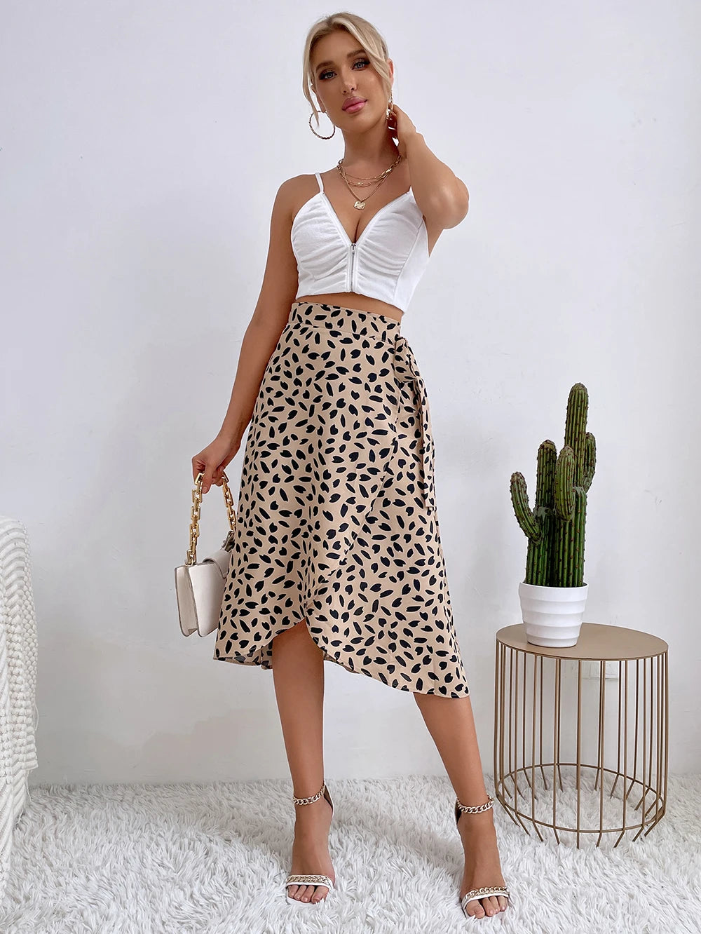 Boho Women Casual Print Tie Side Wrap Skirt Elegant High Waist Female Summer Asymmetrical Knee Length A-Line Skirts