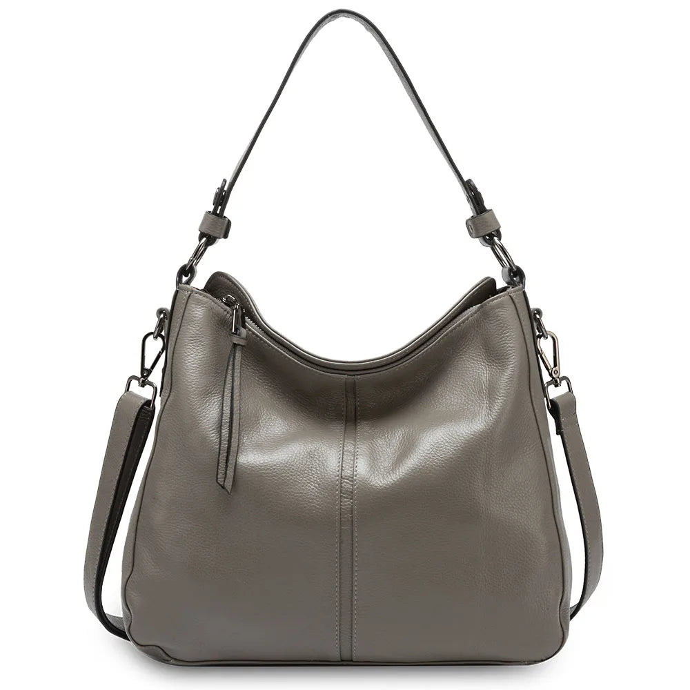 100% Genuine Leather Elegant Women Shoulder Bag Classic Black Hobos Roomy Casual Tote Handbag Crossbody Messenger Grey