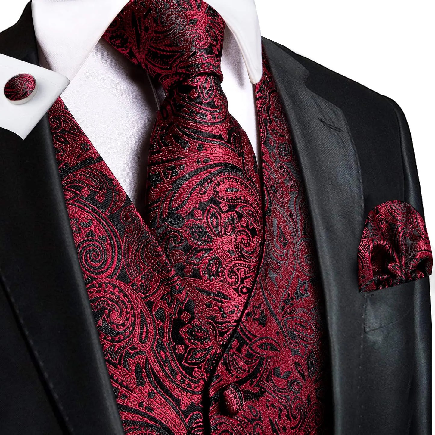Navy Blue Mens Silk Vests Business Paisley V-Necl Waistcoat Tie Hanky Cufflinks Brooch Set for Men Suit Wedding Formal Hi-Tie