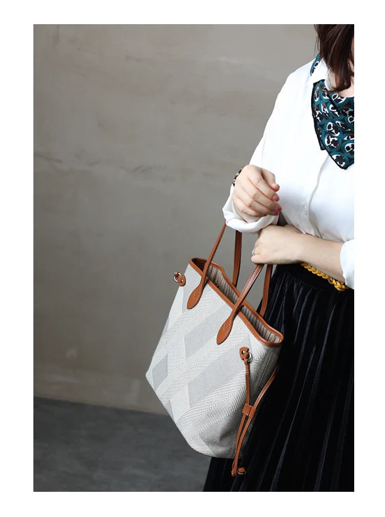 Women's Fashion Shoulder Bag Luxury Designer Handbag Large Capacity Canvas With Genuine Leather Tote For Shopping,Commuting,Work