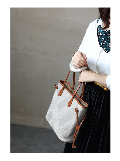 Women's Fashion Shoulder Bag Luxury Designer Handbag Large Capacity Canvas With Genuine Leather Tote For Shopping,Commuting,Work