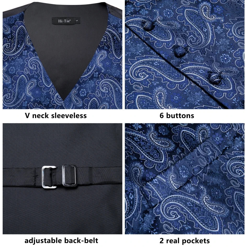 Navy Blue Mens Vest Formal Paisley Waistcoat Jacket Tie Handkerchief Cufflinks Set For Male Dress Suit Wedding Party