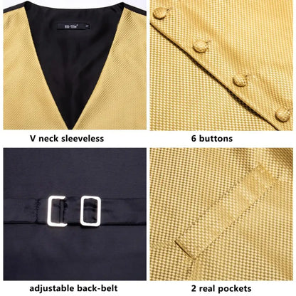 Jacquard Mens Suit Vests Gold Solid Plain 4PC Waistcoat Tie Hanky Cufflinks Set Business Wedding Dress Waist Jacket