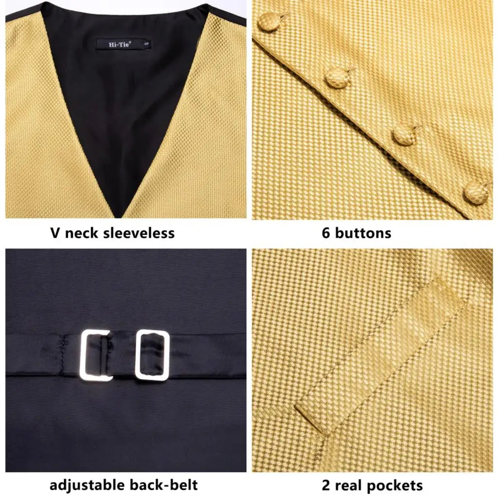 Fashion Silk Vest For Men Classic Gold Champane Yellow Waistcoat Jacket Tie Hankerchief Cufflinks Sets Dress Suit Wedding Hi-Tie