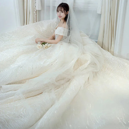 Cheap Wedding Dress Shiny Wedding Dress Classic Boat Neck Bridal Party Gown Vestido De Noiva Robe De Mariee Customized